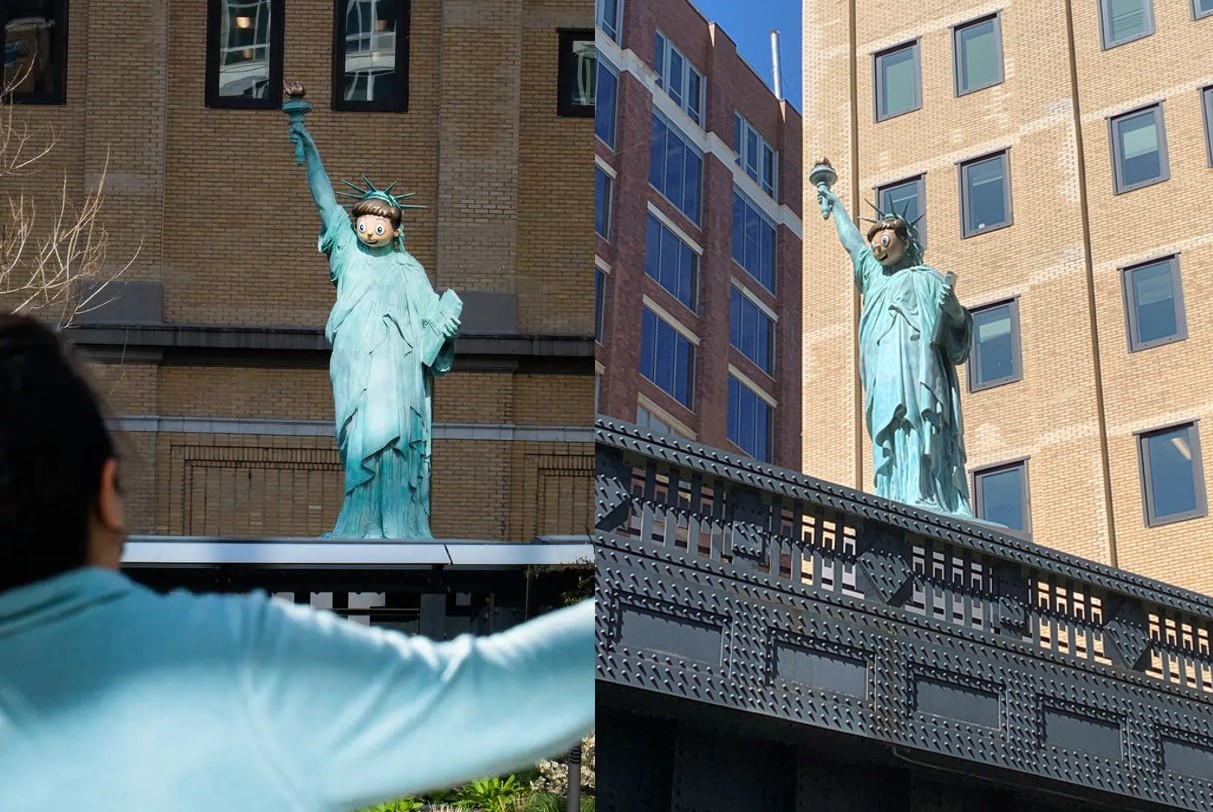 7 m hohe Nachbildung der Freiheitsstatue mit Emoji-Maske jetzt im High Line Park zu sehen