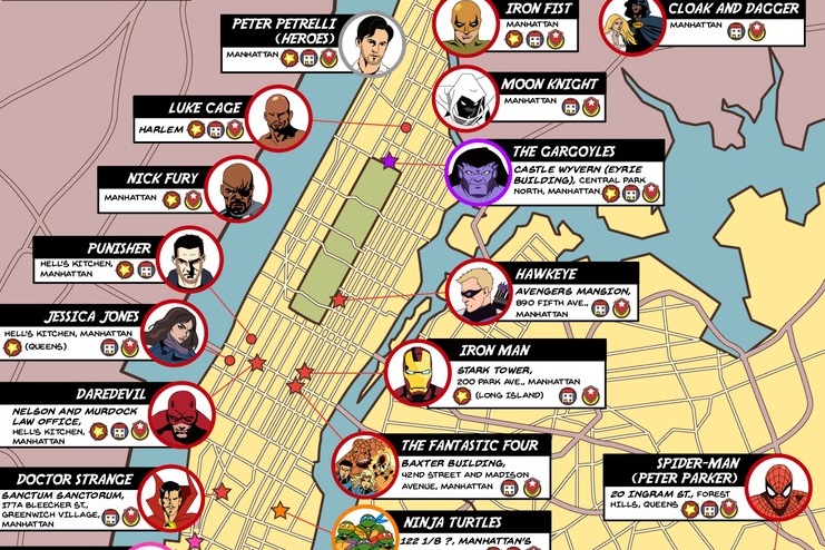 Superhero Map – Ein Stadtplan der zeigt, wo Spiderman, Iron Man und Co. in New York leben und wirken