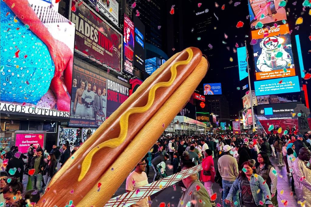 20 Meter lange, Konfetti sprühen Hot Dog Skulptur wird  am Dienstag auf dem Times Square enthüllt