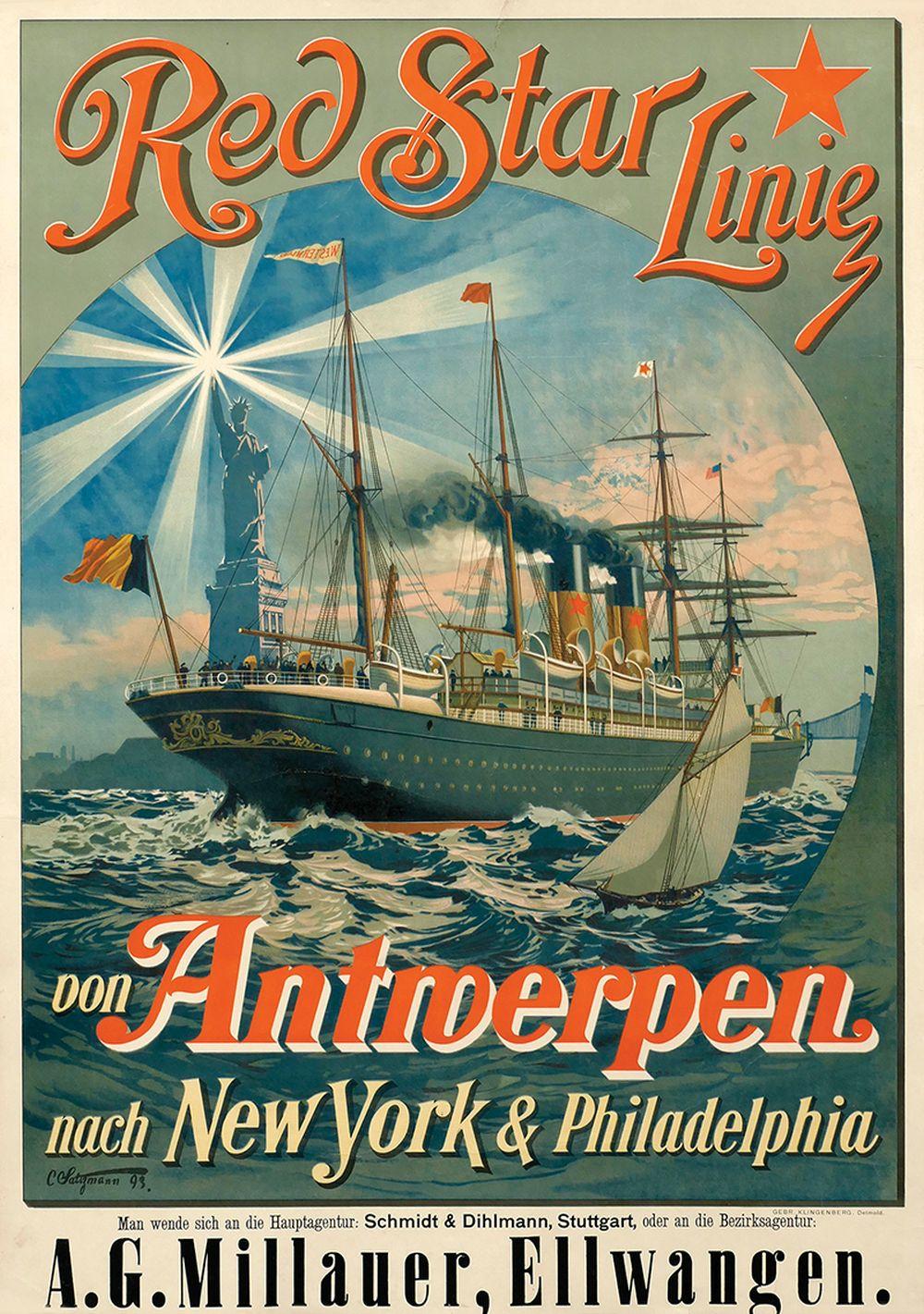 Mit dieser Gesellschaft segelten Hunderttausende deutsche Einwanderer nach Amerika (mit originalem Werbeposter aus dem Jahr 1893)